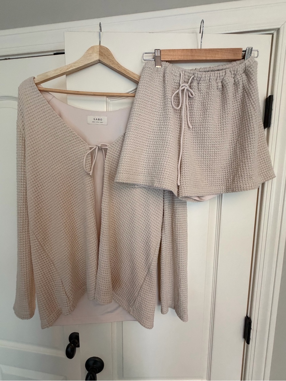 Sabo Waffle-Knit Two-Piece Lounge Set in Light Beige